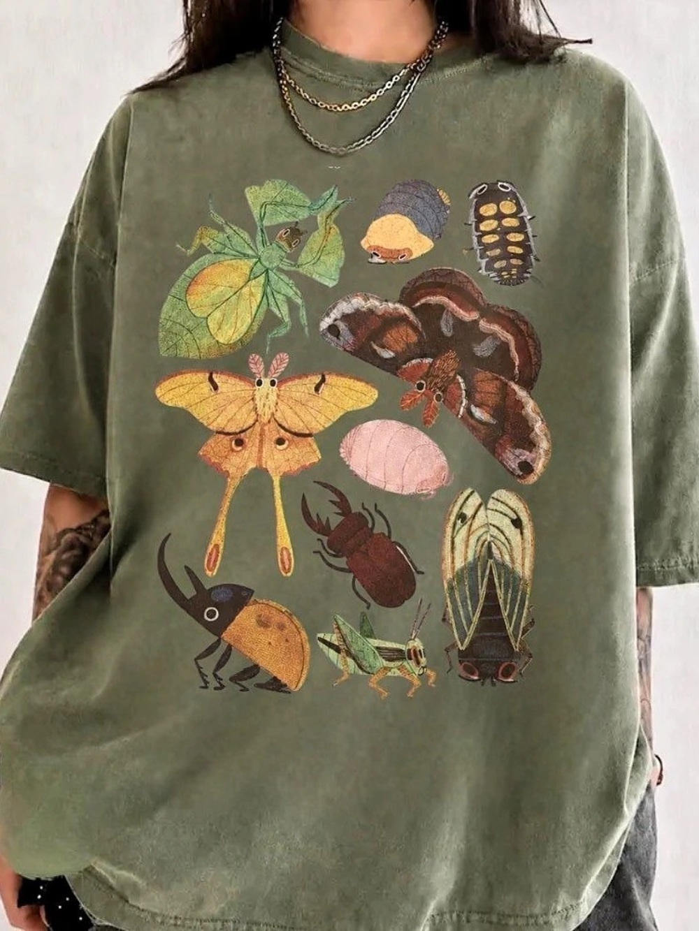 Insects Bugs Botanical Chart Scientific Illustration Vintage Olive Green T-Shirt